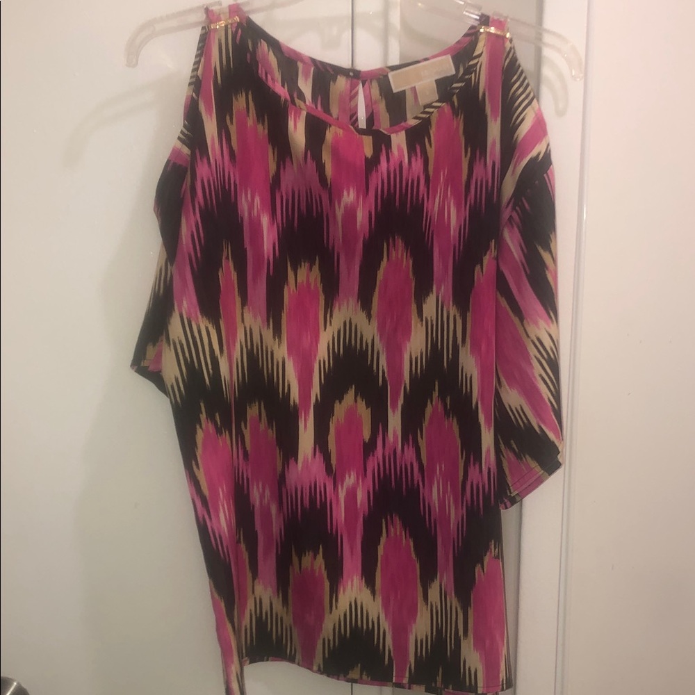 Michael Kors Pink and Black Ikat Cold-Shoulder Blouse